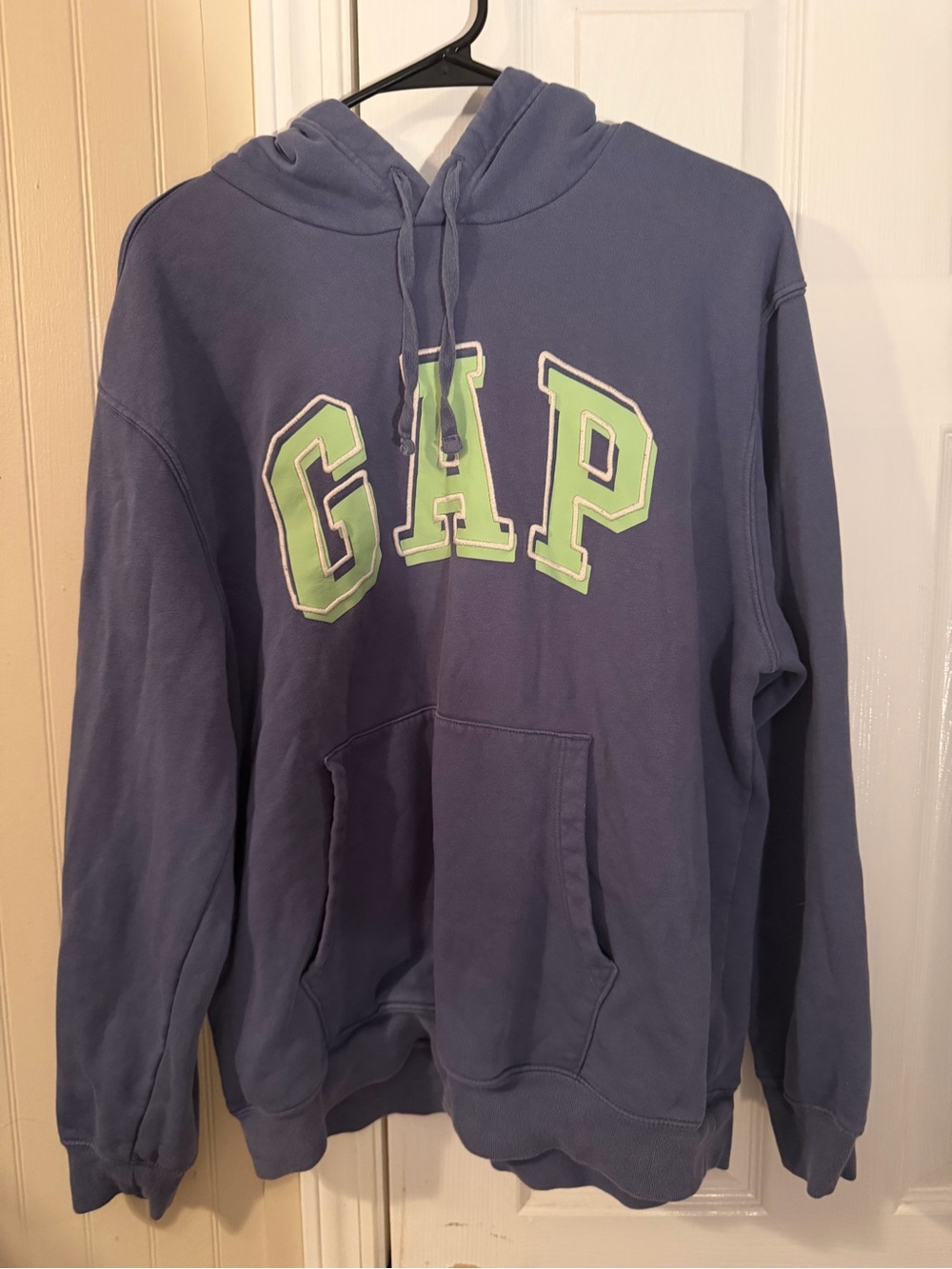 GAP Men's Slate Blue Crewneck Hoodie with Lime Logo